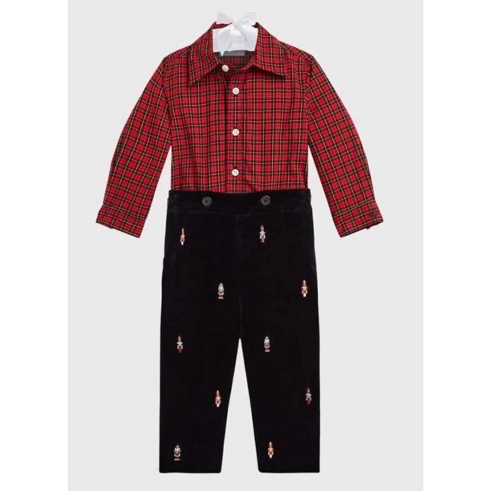 Polo Ralph Lauren Boy's Plaid-Print Shirt & Embroidered Velvet Pants Set Size 9M